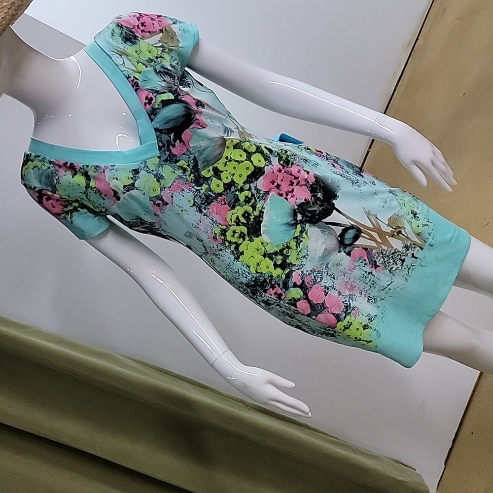 Roberto Cavalli Teal Floral Short Sleeve Mini Dress Size 46